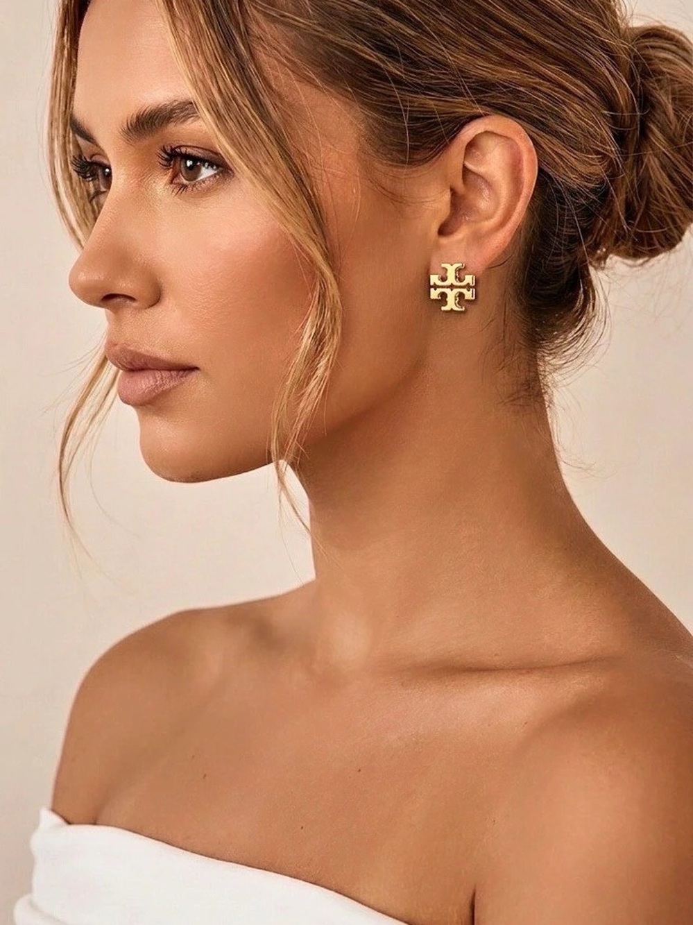 Tory Burch Miller DoubleT Logo Stud Earrings Gold Plated Brads 1cm Each✨